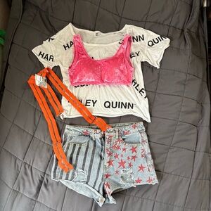 Harley Quinn Graphic Tee with Denim Shorts and Pink Top